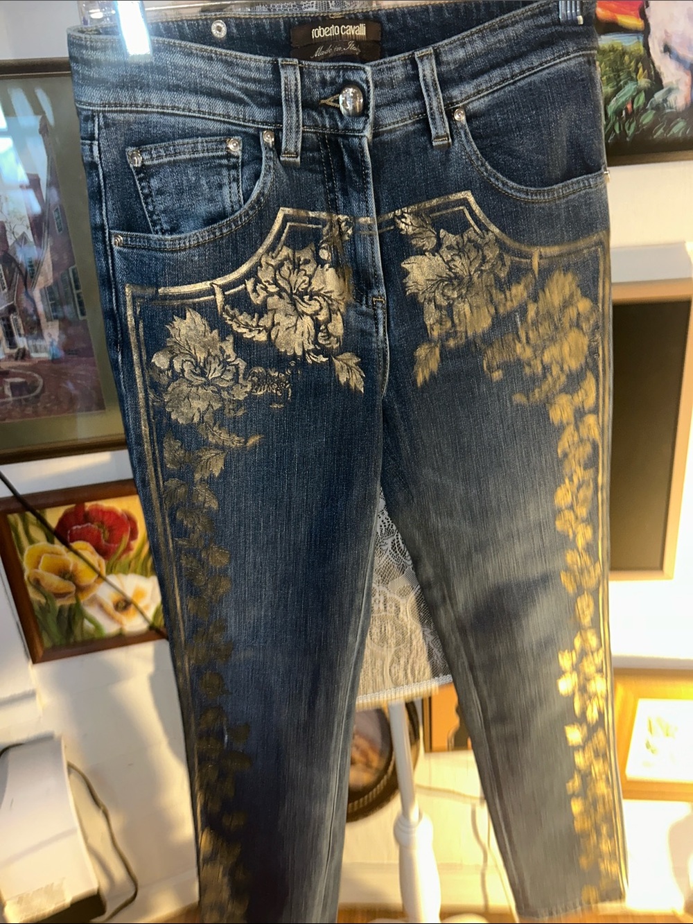 Roberto Cavalli Dark Blue Jeans with Gold Floral Side Print